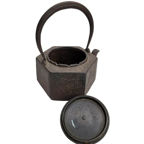 Japanese Cast Iron Teapot Copper Signed Hexagonal Antique Tetsubin CT407 - Picture 7 of 13